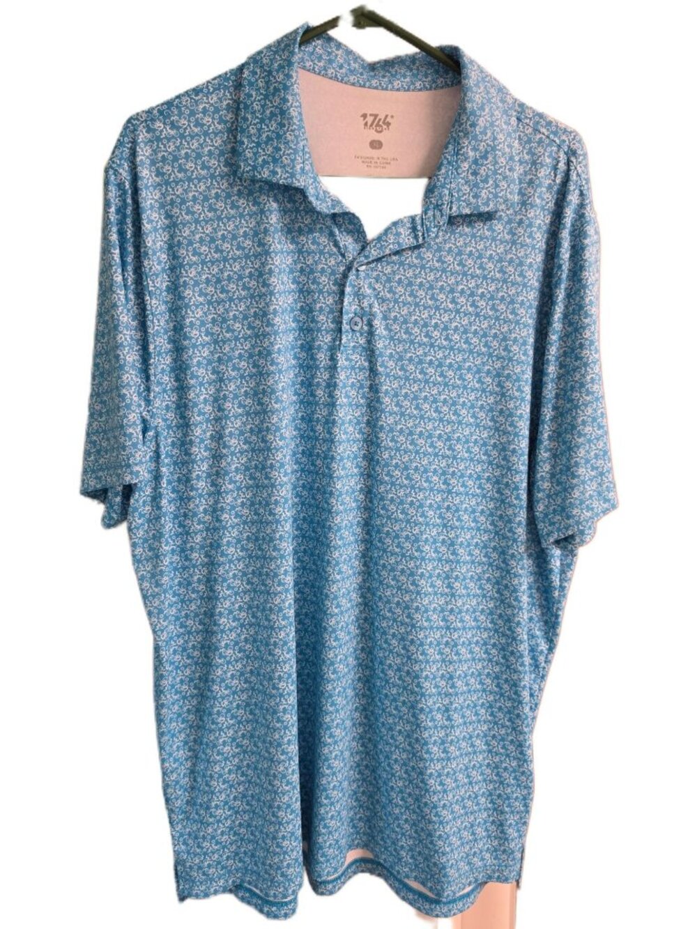 1764 Golf Polo Shirt Mens XL Blue Bicycle Print Performance Stretch EUC SV17324
